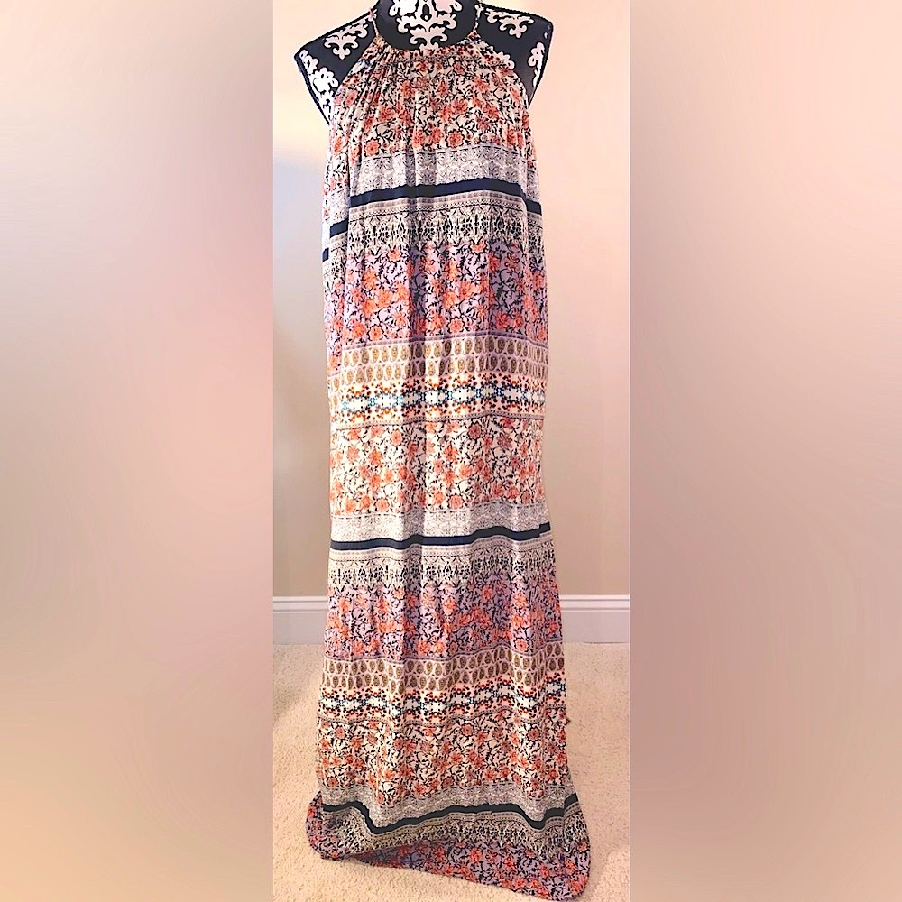 Lulu’s Dezzi Style Boho Flowy Floral Halter Shift Maxi Dress Oversized XS